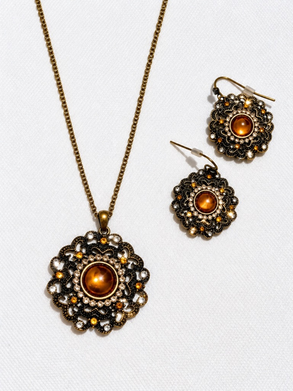 Bronze Amber Cabochon Filigree Necklace & Earring Set NWOT - Avon
